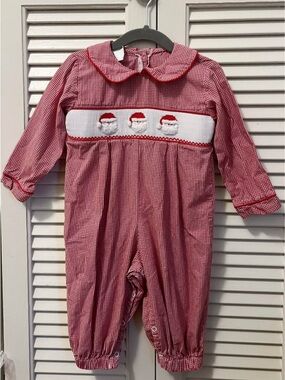 Classic Whimsy Red Gingham Baby Romper with Santa Smocked Panel